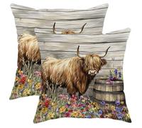 Highland Cow Pillow Covers Set of 2, Rustic Farmhouse Decorative Throw Cushions, Autumn Floral Pattern Square Cases for Cozy Home Sofa Couch, Country Style Decor 20x20 Inch