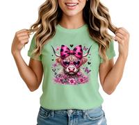 Highland Cow Pink Hearts Womens Graphic T-Shirt Cute Animal Lover Tee Small