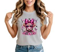 Highland Cow Pink Hearts Womens Graphic T-Shirt Cute Animal Lover Tee Small