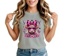 Highland Cow Pink Hearts Womens Graphic T-Shirt Cute Animal Lover Tee Small