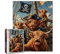 Highland Cow Pirate Puzzle Animal Pirate Jigsaw Pirate Ship Scene Humorous Art Ocean Adventure 1000 Pieces for Adults Beginner Challenging Family Activity Games DIY Crafts Puzzle for Home Decor Gifts