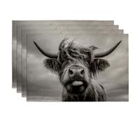 Highland Cow Placemats, Rustic Vintage Black and White Animal Nature Farmhouse Dining Table Place Mats, Non-Slip Washable Decorative Placemats for Indoor Outdoor Dining Party Set of 4