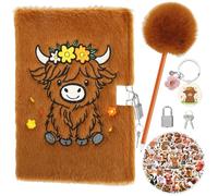 Highland Cow Plush Notebook with Lock, Diary with Lock and Keys Gift for 6 7 8+Year Old Girl,Includes Pom Pom Pen,Cows Keychain,55 Stickers Journal Fun Lockets Secret Diary Journal Kids Birthday Gifts