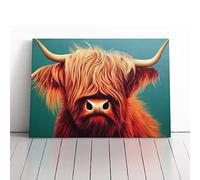 Highland Cow Portrait Vol.1 Green, Red, Blue | Canvas Wall Art Print | Framed & Ready to Hang Picture | Modern Home Decor for Living Room, Bedroom, Kitchen or Office | 30x20 Inches