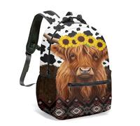 Highland Cow Print Backpack with Sunflower Crown Leopard Pattern, 16 Inch 360 Degree Full Print Scottish Animal Daypack for Travel Gift (02)