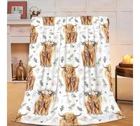 Highland Cow Print Blanket and Throws Cute Rustic Farm Animal Cow and Flowers Throw Blankets Soft Cozy Fleece Plush Warm Flannel Bedding Blanket for Girls Kids Adults Couch Travel 50x60inch