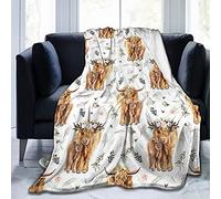 Highland Cow Print Blanket and Throws Cute Rustic Farm Animal Cow and Flowers Throw Blankets Soft Cozy Fleece Plush Warm Flannel Bedding Blanket for Girls Kids Adults Couch Travel 60x80inch