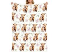 Highland Cow Print Blanket, Cute Cattle Print Flannel Throw Blanket,Ultra-Soft Plush Fleece for Bed Couch Sofa Camping Travel Cosy Gifts for Scottish Cow Enthusiasts Women Adults 100x130cm