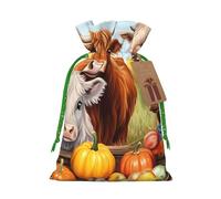 (Highland Cow) Printed Christmas M Size Gift Bags with Green Ribbon Drawstring Candy Bags for Kids Xmas Holiday Christmas Eve Presents