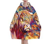 Highland Cow Printed Oversized Women's Wearable Blanket Hoodie, Flannel Pullover Blanket, Blanket Sweatshirt