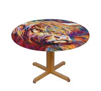 Highland Cow Printed Round Tablecloth - Elastic Edged Fitted Table Cloth Round 138cm, Waterproof Wrinkle-Free Table Cover