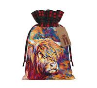 Highland Cow Printing Cute Color Matching Plaid Christmas Bag Drawstring Design For Christmas Party Gift Packaging