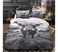 Highland Cow Quilt Cover 3D Design Printed Super Soft 3 Pcs Bedding Set Zipper Black And White Nature Duvet Cover Ultra Soft Anti-allergic for Kids Adults Women Teens Youth Boys Single（140x200cm）