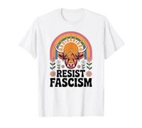 Highland Cow Resist Fascism Retro Groovy Rainbow No Kings T-Shirt