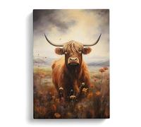 Highland Cow Romanticism Art No.2 Canvas Print | Gallery Wrapped 30mm Frame Wall Art | 30x20 inches | Ready to Hang | Contemporary Animals Picture | Living Room Bedroom Lounge Office