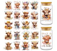 Highland Cow Rub on Transfers Stickers - Luvart 20PCS Cute Farmhouse Animal UV DTF Cup Wrap for 11oz Mug Sunflower Inspirational Quotes UV DTF Cup Wrap Transfers Stickers for Glass Cups DIY Crafts