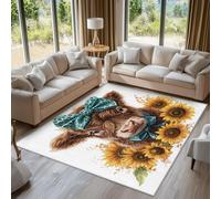 Highland Cow Rugs Living Room Sunflower Rustic Calf Area Rugs for Bedroom 180 x 240, Printed Anti Slip Washable Short Pile Carpet for Kitchen Home Decor C-N3