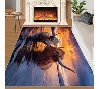 Highland Cow Runner Rug 60x180 cm - Non-Slip Washable Animal Design Indoor Carpet for Kitchen, Sunset Scenery Theme for Kids, Teens & Boys, Couple Cows Style Floor Mats