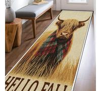 Highland Cow Runner Rug, Fall Rustic Plaid Scarf Grass Fall Brown Low Pile Edge Binding Home Rectangle Carpet for Kitchen Entryway Laundry Hallway Decor 2x8 Ft