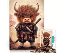 Highland Cow Samurai with Cherry Blossoms 1000 Adult Pieces Jigsaw Puzzle Cognitive Skill Snug Connection Fun Challenge Santa Gift (38x26cm)