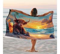 Highland Cow Sand Beach Towel Sunset Waves Microfiber, Quick Dry Absorbent Soft Lightweight Travel Essentials, Camping Pool Picnic Outdoors 70x35 Inch
