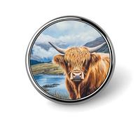 Highland Cow Scottish Mountains Round Brooch Pin Lapel Pins Tie Suit Dress Accessories Wedding Birthday Gifts for Men Women
