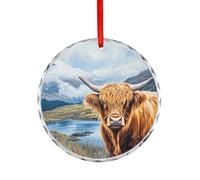Highland Cow Scottish Mountains Round Crystal Decoration Hanging Ornament Christmas Ornaments Funny for Xmas Home Party