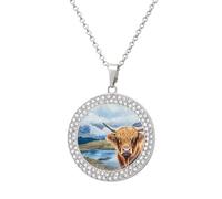Highland Cow Scottish Mountains Round Pendant Necklaces for Women Alloy Rhinestone Jewelry Custom Picture Necklace