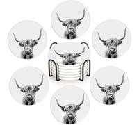 Highland Cow Set of 6 Absorbent Ceramic Coasters with Cork Base & Holder,10cm Round Drink Mats for Mugs, Wine Glasses - Spill Protection for Wood/Glass Tables