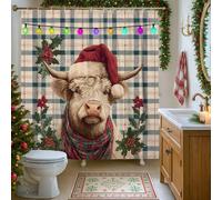 Highland Cow Shower Curtain, Christmas Rustic Santa Hat Holly Xmas Red Washable with Hooks Design Print Bath Curtains Decor for Bathroom Guest Room 72x78 Inch