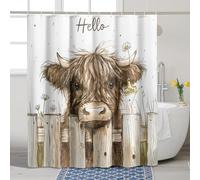 Highland Cow Shower Curtain, Cute Brown White Scottish Cow Shower Curtain for Bathroom Décor, Spring Summer Rustic Farmhouse Waterproof Fabric Shower Curtain Set with Hooks 72x78 Inch
