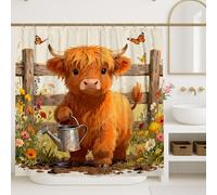 Highland Cow Shower Curtain, Farmhouse Fanciful Watering Can Flowers Spring Orange Washable with Hooks Toile Cloth Shower Curtains for Bathroom Bathtub Apartment Decor 72x72 Inch