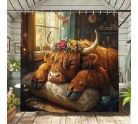 Highland Cow Shower Curtain, Rustic Brown Floral Bath Curtain for Bathroom Decor, Spring Summer Bohemian Waterproof Fabric Shower Curtain Set with Hooks 72x78 Inch