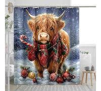 Highland Cow Shower Curtain, Rustic Brown Hairy Cattle Shower Curtain for Bathroom Decor, Winter Holiday Festive Cute Waterproof Fabric Shower Curtain Set with Hooks 62x72 Inch