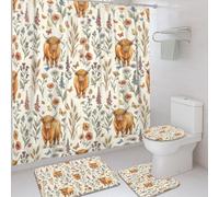 Highland Cow Shower Curtain Sets, Rustic Natural Flower Butterfly Spring Orange Waterproof Fabric Bathroom Shower Curtain and Bath Mat Set Decorative for Toile Bathtub Dorm 72x72 Inch