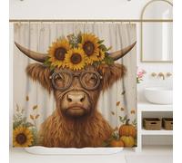 Highland Cow Shower Curtain, Sunflower Autumn Bathroom Decor, Rustic Farmhouse Style Waterproof Fabric Shower Curtain with Hooks 72x72 Inch