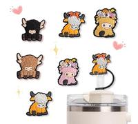 Highland Cow Silicone Straw Covers - 6PCS Silicone Spill Proof Stopper Set, Cute Cartoon Yak Straw Caps, Cup Accessories, Highland Cow Gifts for Women, Cow Drinking Straws Tips Cover Reusable Topper