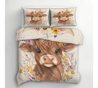 Highland Cow Single Duvet Cover Set - Cartoon Cute Bedding & Bedroom Decor, Super Soft Microfiber Quilt Cover and 1 Pillowcases, with Zip, Reversible Design A&2R31