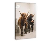 Highland Cow Sitting on The Toilet Looking at His Mobile Phone Canvas Poster Bedroom Decor Landscape Decor Gift 20x30inch(50x75cm)