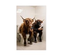 Highland Cow Sitting on The Toilet Looking at His Mobile Phone Canvas Poster Bedroom Decor Landscape Decor Gift 16x24inch(40x60cm)