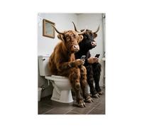 Highland Cow Sitting on The Toilet Looking at His Mobile Phone Canvas Poster Wall Art Print Picture Paintings 12x18inch(30x45cm)