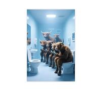 Highland Cow Sitting on The Toilet Looking at His Mobile Phone Canvas Poster Wall Art Print Picture Paintings 08x12inch(20x30cm)