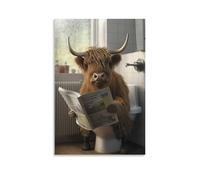 Highland Cow Sitting on The Toilet Reading A Newspaper Poster Funny Bathroom Wall Decor Funny Animal Poster Posters For Toilet Canvas Poster Wall Art Decor Print Picture Paintings for Living Room Bedr