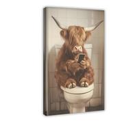 Highland Cow Sitting on The Toilet Watching Phone, Funny Bathroom Wall Art Decor, Vintage Style Animal Photo, Toilet Humor, Ai Art-1