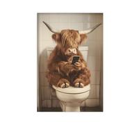 Highland Cow Sitting on The Toilet Watching Phone, Funny Bathroom Wall Art Decor, Vintage Style Animal Photo, Toilet Humor, Ai Art-1