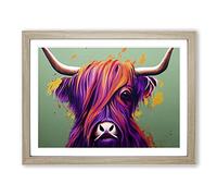 Highland Cow Splash Abstract BLK Framed Wall Art Print A2 Oak
