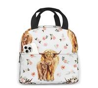 Highland Cow Spring Pink Floral Scottish Highland Cow Lunch Bag,Insulated Lunch Bag for Adults,Kids,Lunch Tote Bag for Picnics Work School