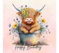Highland Cow Square Birthday Card (Pink)