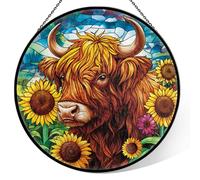 Highland Cow Stained Glass Window Hanging, 7.9" Cows Sun Catcher Glass Panel with Chain,Cows Gifts Hand Painted Round Wall Art Gifts for Women, Highland Cow Decor Stained Glass Housewarming Gift
