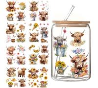 Highland Cow Stickers Cup Wraps - 9 Sheets Rub On Transfers Stickers Craft Highland Cow UV DTF with Flower Cute Animal Waterproof Transfer Sticker Decals for Furniture Cabinet Glass Cups DIY Crafts